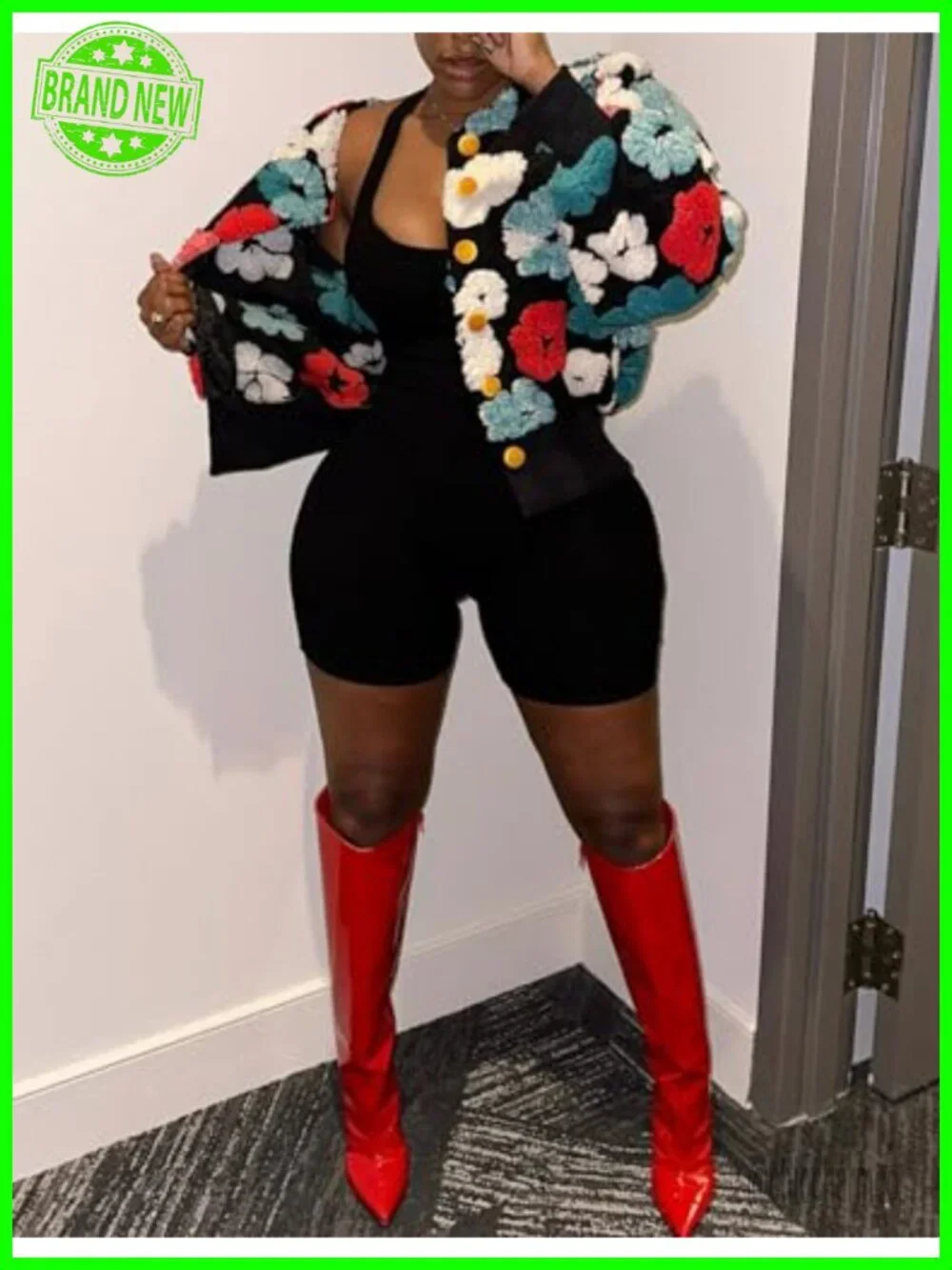 Cropped Floral Fleece Bomber Jacket Puff Sleeve Ribbed Cuff